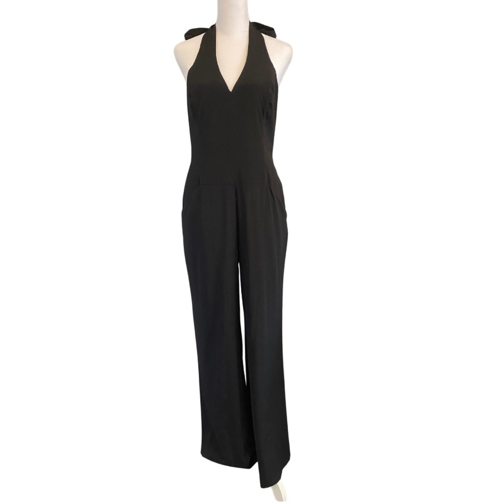 Bebe Low-Cut V-Neck Halter Top Wide Leg Minimalist Jumpsuit front pocket Black 6